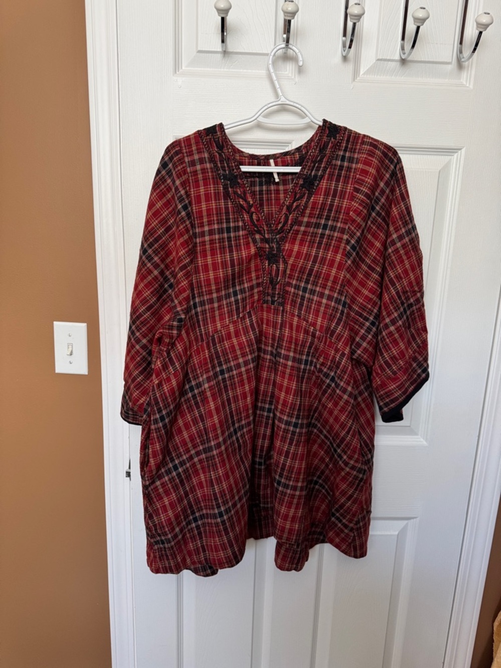 Free People  Red Black Plaid V-Neck Tunic with Embroidered Trim oversized